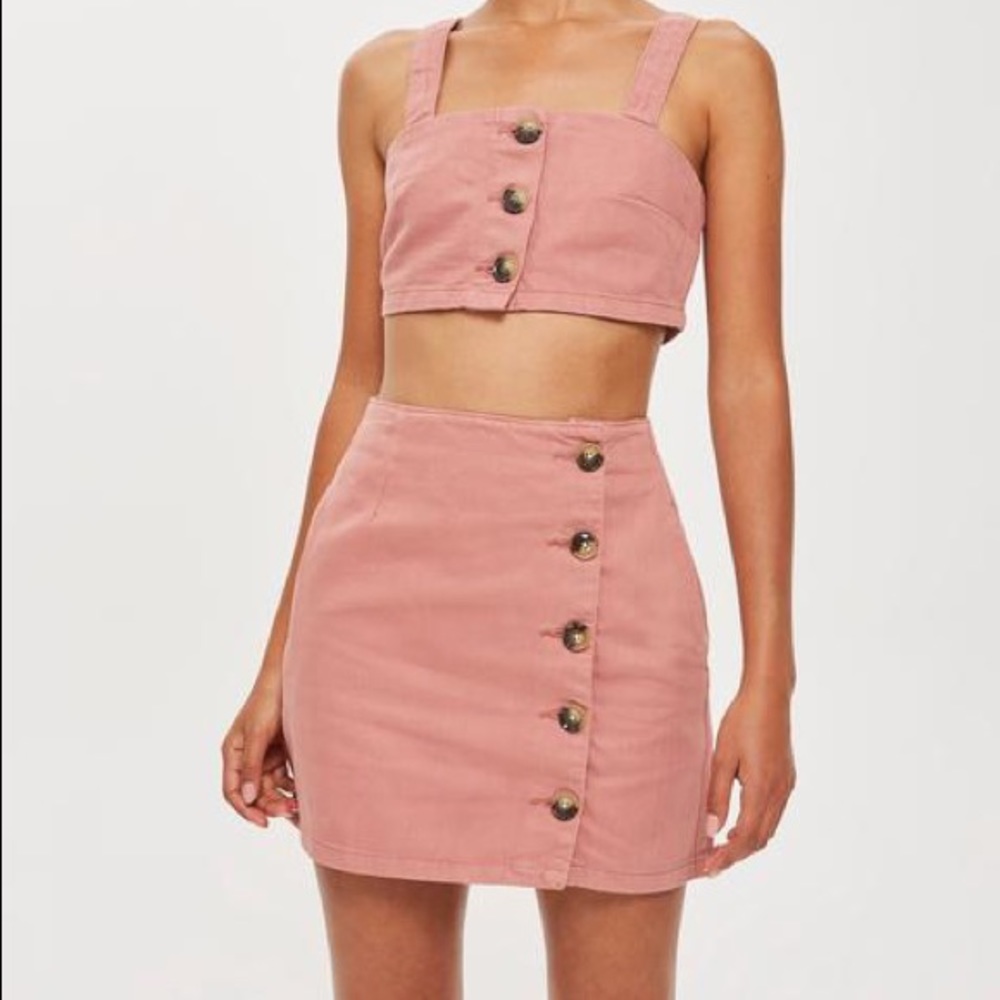 Top shop Horn Button Denim Bralet and skirt